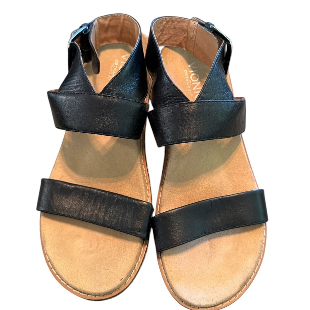 Vionic‎ Cancun Black Leather Wedge Sandals Orthaheel Geometric Platform Womens 7